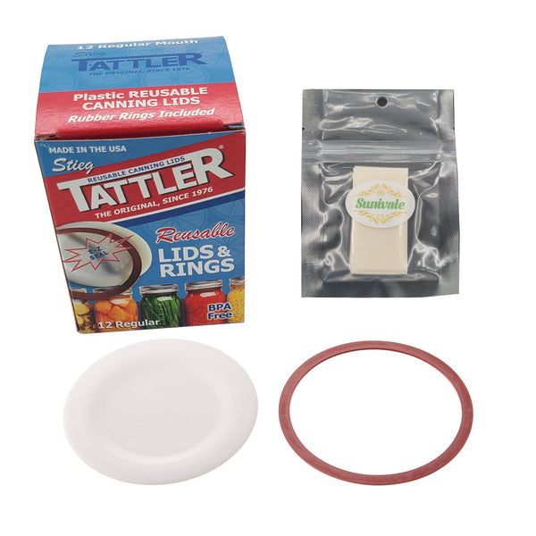 Reusable Canning Lids Bundle Includes 12 Regular Mouth Tattler Lids and Rings and 12 Dissolvable Sunivale Jar Labels For Use With Hot Water Bath, Vacuum Sealer and Pressure Canning Methods Made in USA