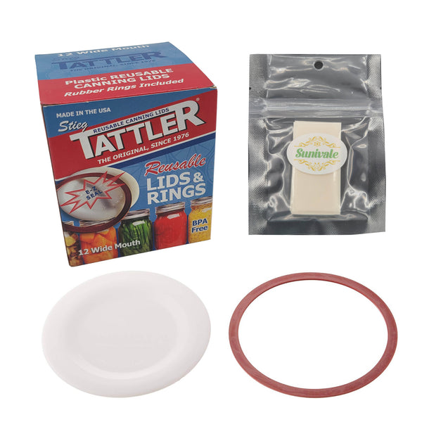 Reusable Canning Lids Bundle Includes 12 Wide Mouth Tattler Lids and Rings and 12 Dissolvable Sunivale Jar Labels For Use With Hot Water Bath, Vacuum Sealer and Pressure Canning Methods Made in USA