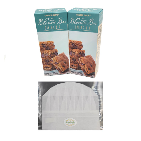 Blondie Brownie Mix Bundle Includes Two 15.5 Oz Boxes of Trader Joe’s Blondie Bar Baking Mix and a Sunivale Chef Hat. Makes 2 Pans of Blonde Chocolate Brownies