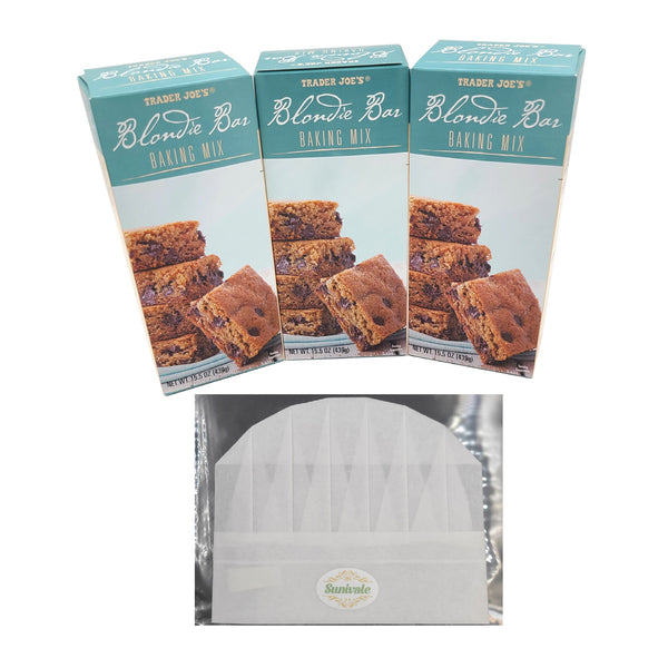 Blondie Brownie Mix Bundle Includes Three 15.5 Oz Boxes of Trader Joe’s Blondie Bar Baking Mix and a Sunivale Chef Hat. Makes 3 Pans of Blonde Chocolate Brownies