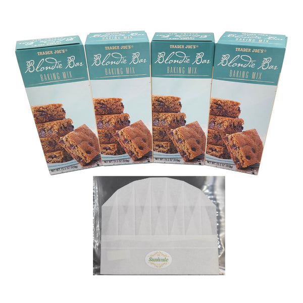 Blondie Brownie Mix Bundle Includes Four 15.5 Oz Boxes of Trader Joe’s Blondie Bar Baking Mix and a Sunivale Chef Hat. Makes 4 Pans of Blonde Chocolate Brownies