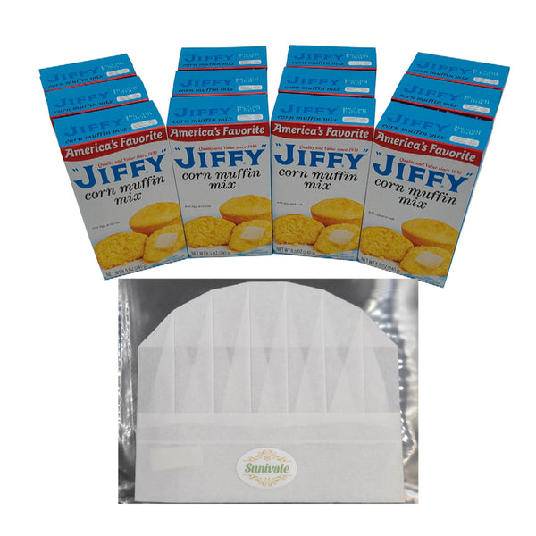 Corn Muffin Baking Mix Bundle Includes 12 Boxes Jiffy Corn Muffin and Cornbread Mix 8.5 Oz Each and a Sunivale Chef Hat – Each Box Makes 6 Muffins!